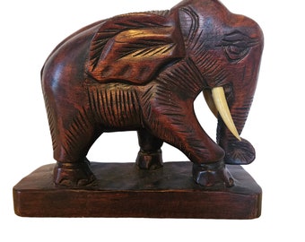 African Carved Teak Wood Elephant Statue 8"