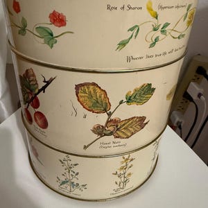 May include: A three-tiered, off-white metal container with botanical illustrations and text. The illustrations include a red rose, yellow flowers, and hazel nuts. Text includes "Rose of Sharon" and "Hazel Nuts."