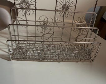 vintage silver wire floral daisy metal letter holder, desk organizer, napkin holder