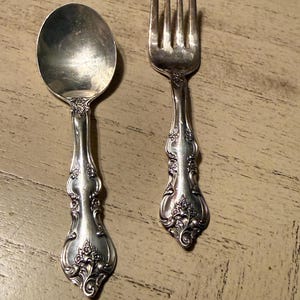 International deep silver plated vintage grape pattern child's Spoon and Fork