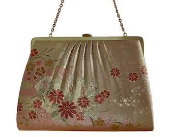 Vintage / Retro Japanese Silk Kimono Bag - Gold with Flowers