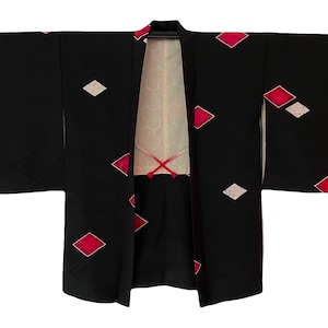 Vintage Japanese Haori Kimono Jacket - Black with Red and White Diamond Pattern