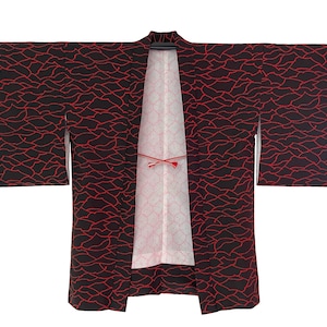 Vintage Japanese Haori Kimono Jacket - Black with Red Pattern