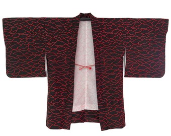 Vintage Japanese Haori Kimono Jacket - Black with Red Pattern