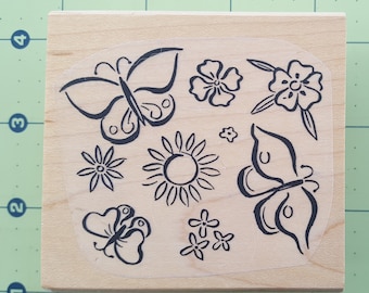 Butterflies, Sun, Flowers Design - Hardwood Mounted Rubber Stamp by Ducks in a Row - 2.5" X 2.75"