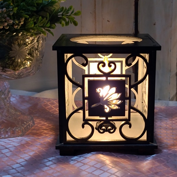 Black Accent Lamp with silver flower accent, Elegant lighting, Wood night light, Desk Lamp, Bedside Lamp, Nightlight, Candle Holder