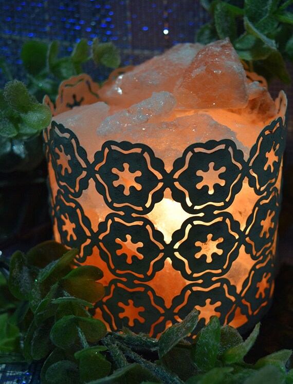 Himalayan Salt Lamp Cream Vintage Effect Distressed Flower Pattern