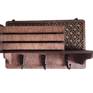 Rustic Wall Organizer with 3 Hooks, Basket, and Shelf - Stained Brown