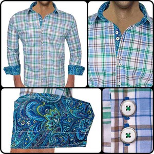 White Green Blue Plaid with Paisley Men&#39;s Designer Dress Shirt - Made To Order in USA