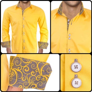Hellgelb mit grauem Swirl Herren Designer Kleid Shirt - Made To Order in USA