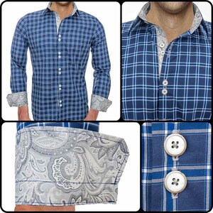 Navy Plaid and Grey Men&#39;s Designer Dress Shirt - Made To Order in USA