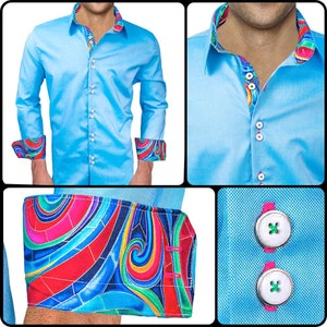 Blue with Multi-Colored Swirls Men&#39;s Designer Dress Shirt - Made To Order in USA