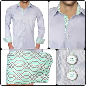 Gray with Teal Men&#39;s Designer Dress Shirt - Made To Order in USA
