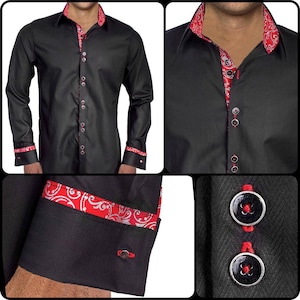 Schwarz mit Rot und Silber Metallic Designer Kleid Shirt - Made in USA