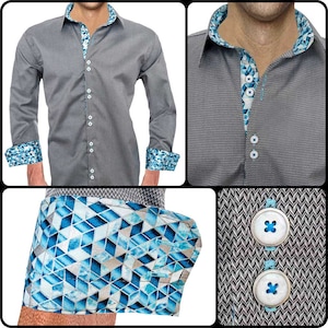 Grey with Blue Metallic Dress Shirt - Made To Order in USA