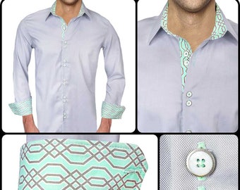 Gray with Teal Men's Designer Dress Shirt - Made To Order in USA