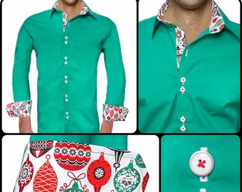 DiBanGu Men's Christmas Shirt - Green & Red Holiday Button-Down With Festive Patterns, Long Sleeve Dress Shirt For Parties & Vacations