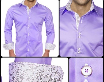 Camisa de vestir de diseñador de diseñador de hombre de color púrpura claro con remolinos blancos con remolinos metálicos - Hecho a pedido en EE. UU.