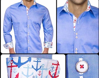 Blue with Anchors Designer Dress Shirt - Made in USA
