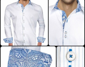 White with Blue Metallic Accent Men's Designer Dress Shirt - Made To Order in USA
