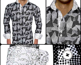 Camisa de vestir de diseñador de hombre negra con metal blanco - Made To Order in USA