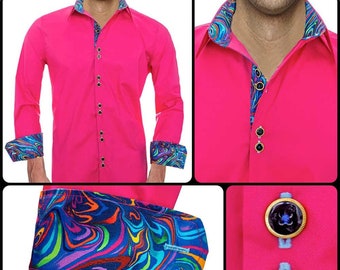 Bright Pink with Multi-Colored Swirls Men's Designer Dress Shirt - Made To Order in USA