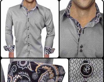 Grey with Black and Gold Metallic Men's Designer Dress Shirt - Made To Order in USA