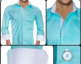 Teal with White Men's Designer Dress Shirt - Made To Order in USA