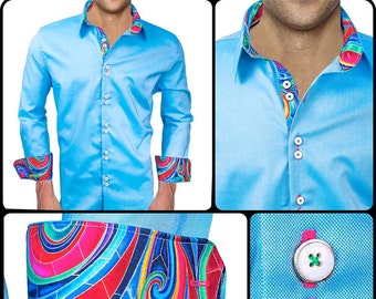 Blue with Multi-Colored Swirls Men's Designer Dress Shirt - Made To Order in USA