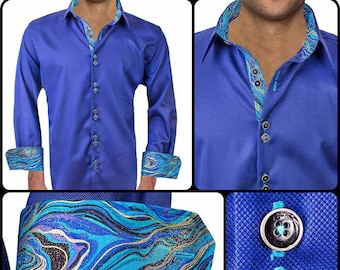 Navy Blue with Metallic Swirls Men's Designer Dress Shirt - Made To Order in USA