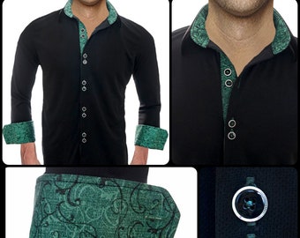 Black with Dark Green Mens Shirts - Made To Order in USA