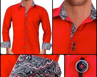 Bright Red w/ Black Paisley Men's Designer Dress Shirt - Made To Order in USA