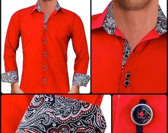 Bright Red w/ Black Paisley Men&#39;s Designer Dress Shirt - Made To Order in USA