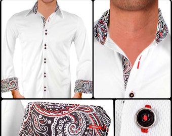 White with Black and Red Paisley Moisture Wicking Dress Shirt - Made in USA