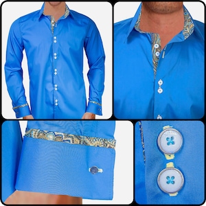 Blue with Metallic Gold Designer Dress Shirt - Made To Order in USA