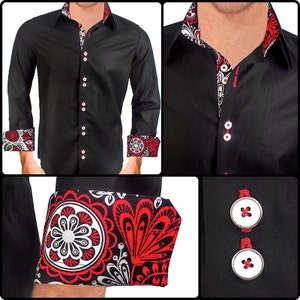 Herren Schwarz mit rotem Designer Kleid Shirt - Made To Order in USA