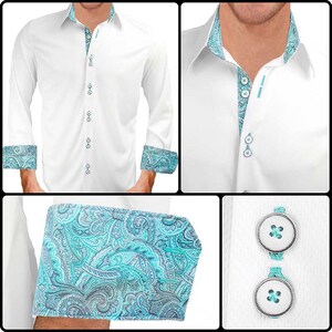 White with Teal Paisley Moisture Wicking Dress Shirt - Made in USA
