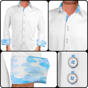 White with Blue Camo Moisture Wicking Dress Shirt - Made in USA
