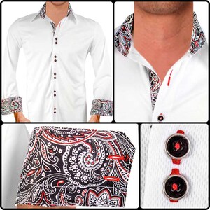 White with Black and Red Paisley Moisture Wicking Dress Shirt - Made in USA