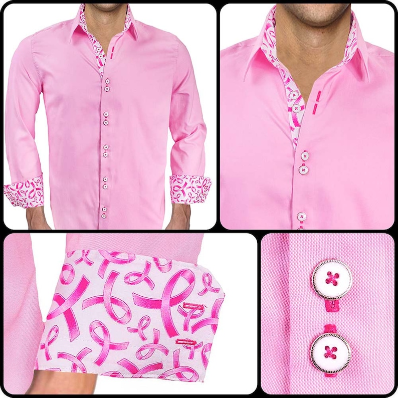 Pink Breast Cancer Dress Shirt - Pink with Metallic Pink and Whi Pink Breast Cancer Dress Shirt - Pink with Metallic Pink and Whi