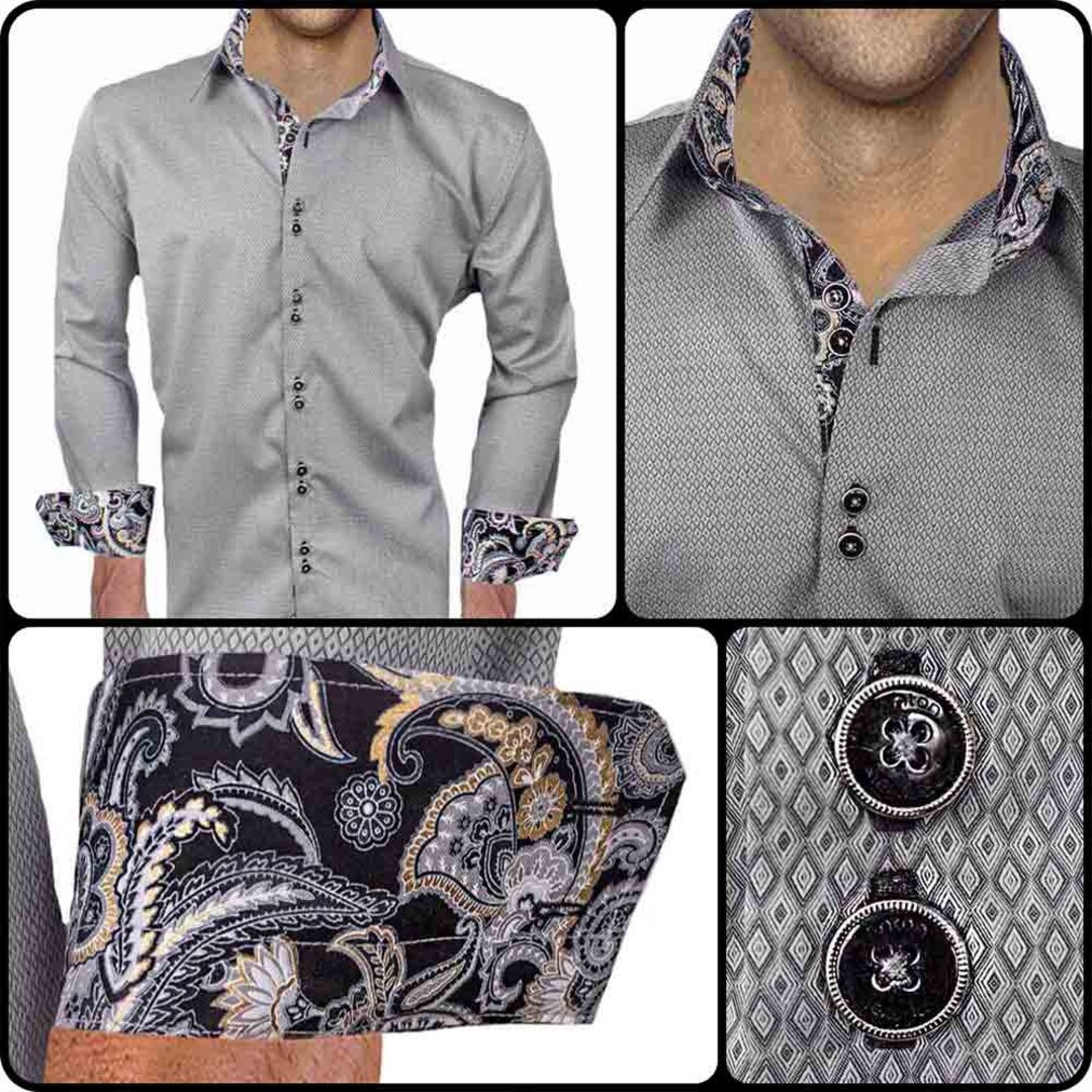 Grey With Black and Gold Metallic Men's Designer Dress Shirt - Made to ...