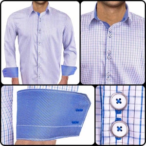 Italian Blue Plaid with Blue Contrast Designer Dress Shirt - Made in USA