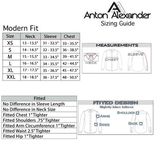 May include: A sizing guide for Anton Alexander shirts, featuring a 'Modern Fit' chart with neck, sleeve, and chest measurements in inches for sizes XS to XXL. Includes diagrams illustrating measurements and a 'Fitted' design description.