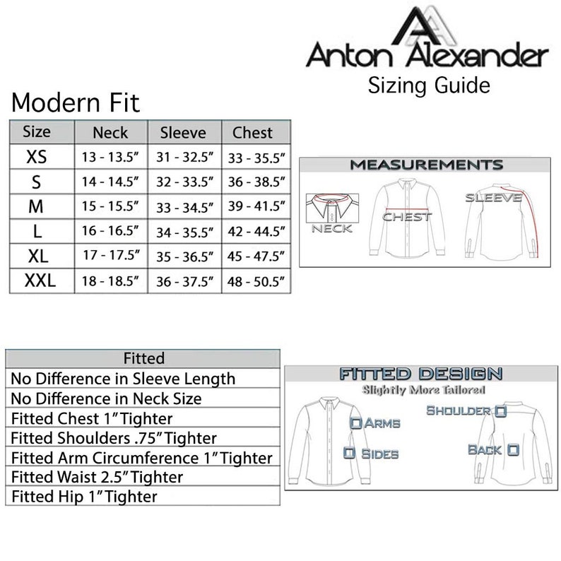May include: A sizing guide for Anton Alexander shirts, featuring a 'Modern Fit' chart with neck, sleeve, and chest measurements in inches for sizes XS to XXL. Includes diagrams illustrating measurements and a 'Fitted' design description.