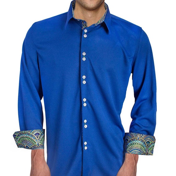 blue dress yellow dress illusion Band Collar Linen Button Shirt for Tall Men in Airy Blue M / Extra Tall / Airy Blue