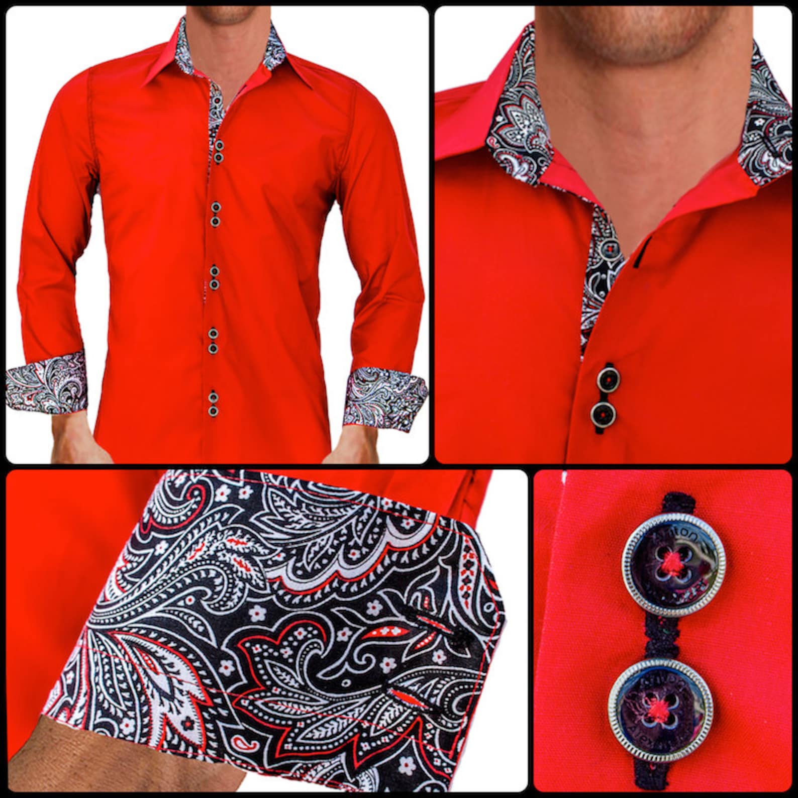 Bright Red W/ Black Paisley Men's Designer Dress Shirt Etsy