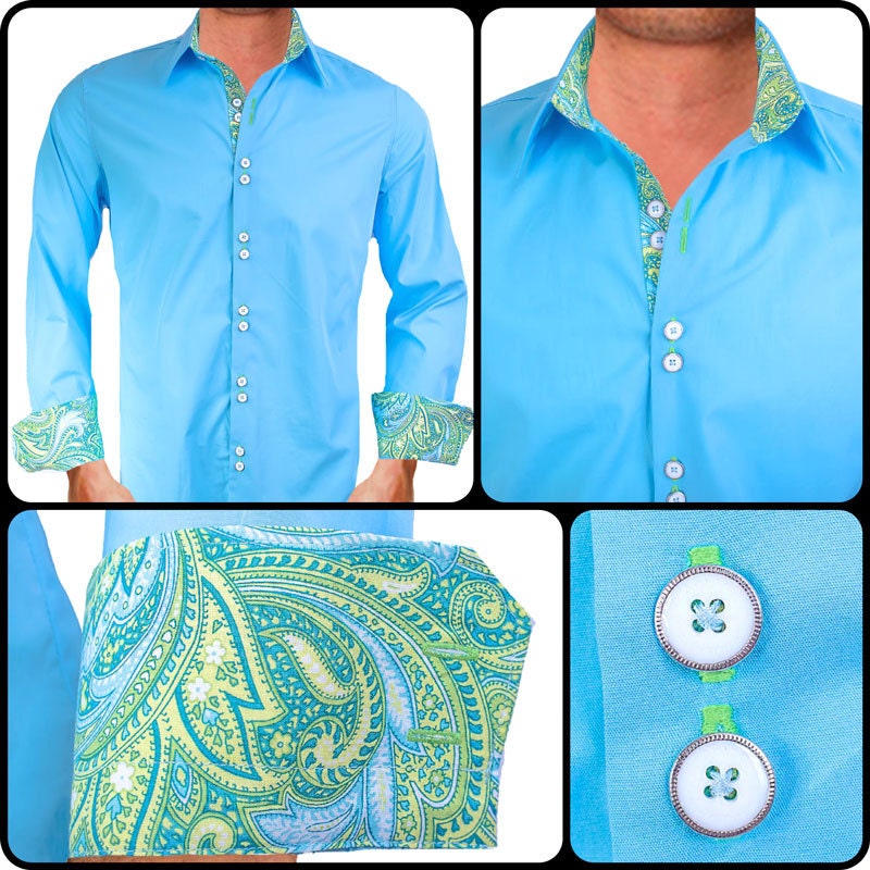Light Blue with Purple Paisley Men's Designer Dress Shirt - Made To Order in USA