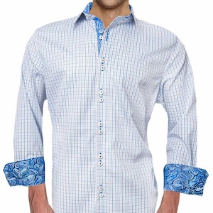 Blue Plaid with Paisley Accent Dress Shirts - Made To Order in USA
