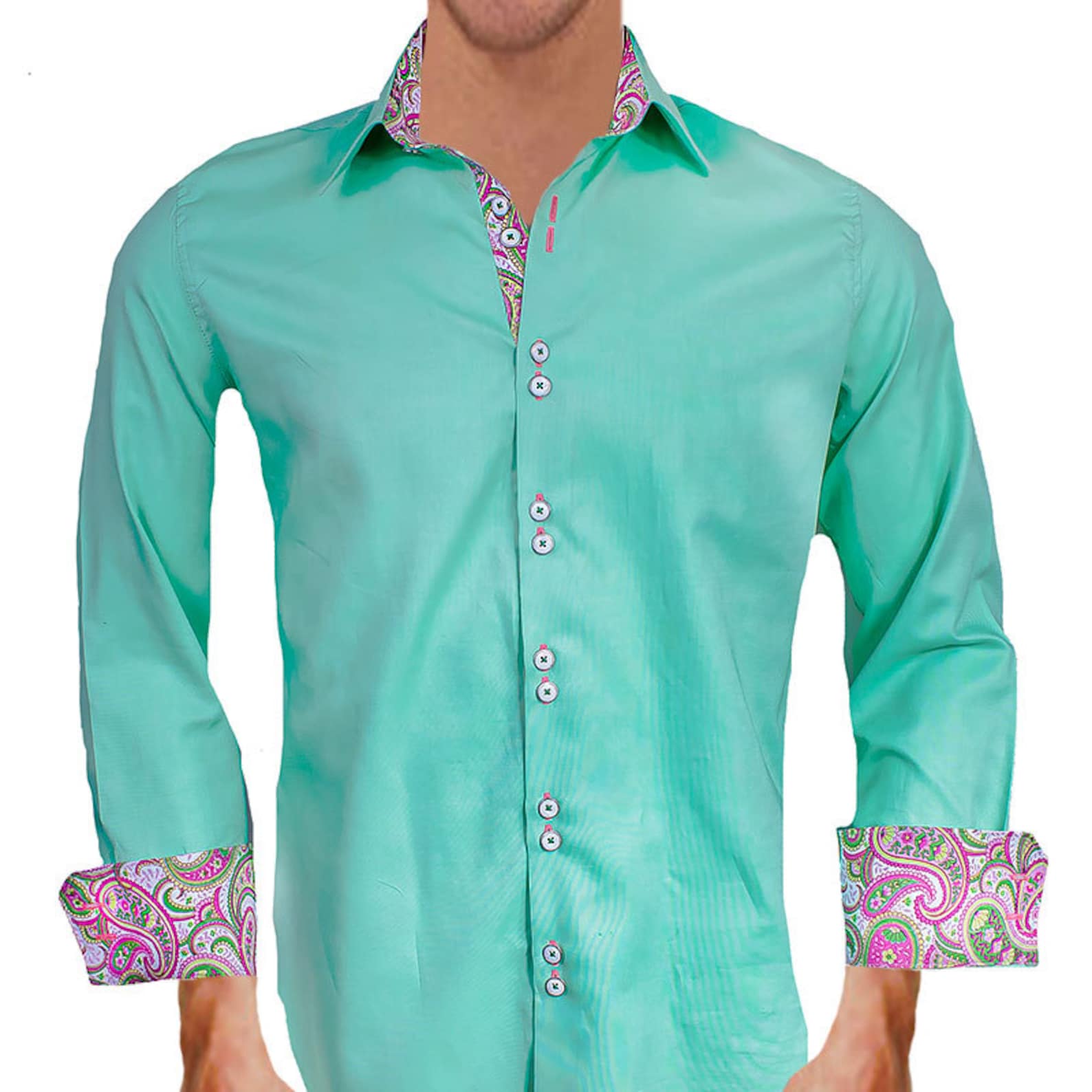 Light Green With Pink Paisley Men's Designer Dress Shirt Made to Order