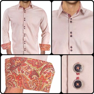 Tan with Maroon Paisley Men&#39;s Designer Dress Shirt - Made To Order in USA